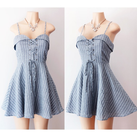 Denim Blue Stripe Laced Up Fit Flare Skater Dress - Picture 2 of 8